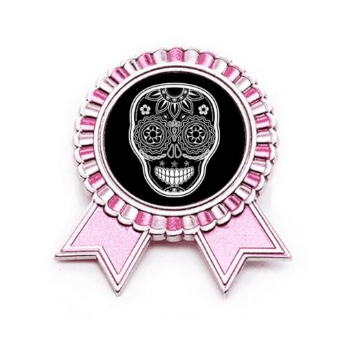 Broche Mexique Jour des Morts en métal noir, blanc et rose, médaille de taille M
