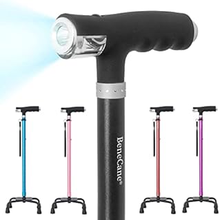 BeneCane Quad Cane Walking Cane with Two Led Lights with Big Base T Handle＆Lightweight Adjustable Walking Stick Four Pronged Sturdy for Men and Women(Black)