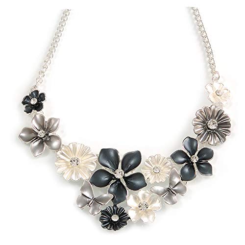 Avalaya Metallic White/Metallic Grey Matte Enamel Daisy Cluster and Butterfly Necklace In Silver Tone - 42cm L/ 6cm Ext - 40cm L/ 5cm Ext