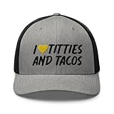 RIVEMUG I Love Titties and Tacos Premium Trucker Hat Curved Bill Mid Crown Funny Gag Gift Joke Cap Heather/Black