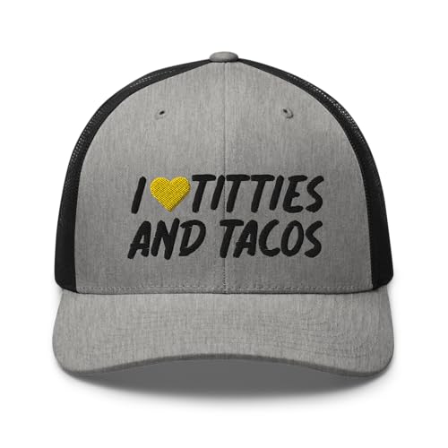RIVEMUG I Love Titties and Tacos Premium Trucker Hat Curved Bill Mid Crown Funny Gag Gift Joke Cap Heather/Black