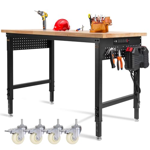 Image of 48 inch Lx24 inchW Adjustable Workbench with Wheels, 28 inch-40 inchHeight Heavy Duty Table 2000 LBS Load Capacity, Work Bench with Power Outlet & Pegboard, Rubber Wood Work Table for Garage, Office, Workshop