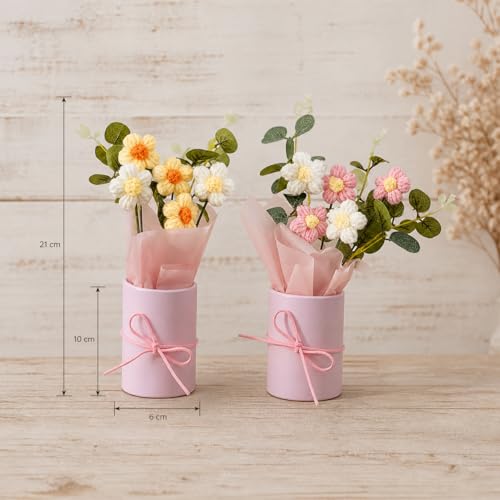 Image of Handmade Crochet Flower Bouquets (Set of 2) - Knitted Floral Decor Combo | Aesthetic Desk Flowers, Forever Flower Gift Set, Minimal Home Decor