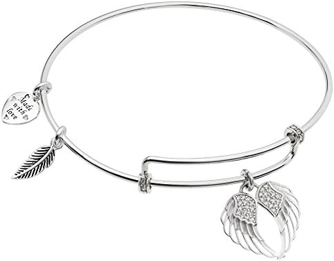 Rhodium On 925 Sterling Silver Angel Guardian Wing CZ Heart Feather Dangle Charm Bangle Bar Bracelet
