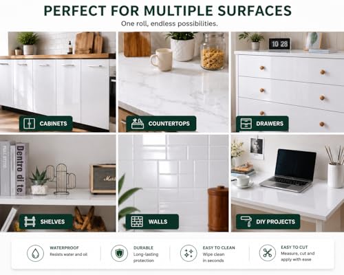 Image of TOTAL HOME White Wallpaper for Kitchen Cabinets, Almirah & Wardrobe Waterproof Oil Proof Self Adhesive PVC Vinyl Peel and Stick Roll for Furniture, Cupboard, Drawers, Table