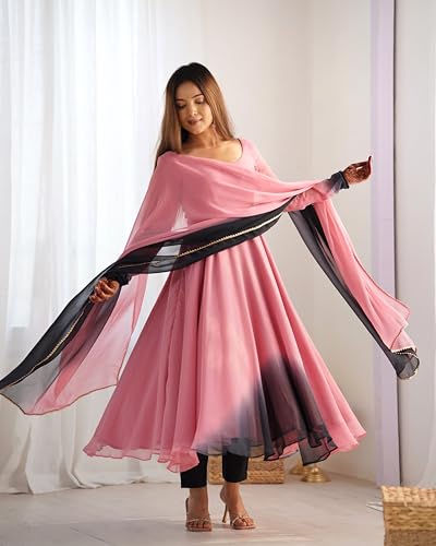 Image of GoSriKi Women's Georgette Anarkali Kurta Set with Dupatta | Elegant Pink Ethnic Dress | Flared Long Kurti for Festive