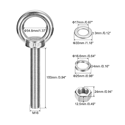 Image of uxcell Lifting Eye Bolt, 1 Set M16x100mm Eye Bolt with Nut Washer 304 Stainless Steel Shoulder Lifting Ring Eye Bolt for Hanging Item