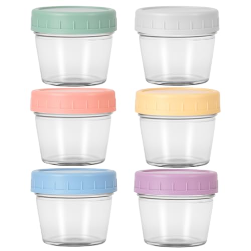 SUNJULY Recipientes de cristal con tapa, 6 unidades de 120 ml con tapa, herméticos, sin BPA, mini lata para aderezo para ensaladas, recipientes para alimentos, juego para microondas, congelador
