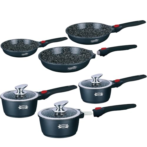 HAUSSMANN heritage- Lot de 3 poêle 20/24/28cm + Lot de 3 Casseroles 16/18/20cm avec couvercle en verre - Manche Amovible,Revêtement antiadhésif type pierre,Tous feux dont induction,Sans PFOA