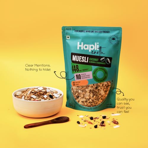 Image of Hapli Earth 6 Millet Muesli | Coconut, Almonds & Cashewnuts | 10g Protein, High Fibre | Healthy Breakfast Cereal with Rolled Oats, Coconut Chips & 4 Seeds | No Palm Oil, No Preservatives | 250g