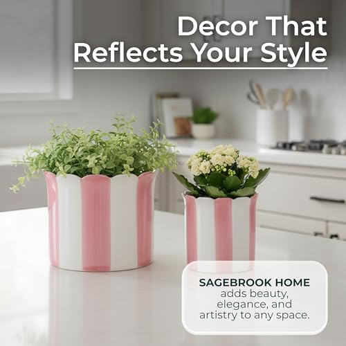 Set of 2 Ceramic Planters – Planter Pots for Greenery, Indoor or Outdoor Decor for Living Room, Patio, or Balcony – Striped Scallop Design for a Soft Tailored Look, Home Decor – 6" & 7", Pink & White by Sagebrook Home - Image 6