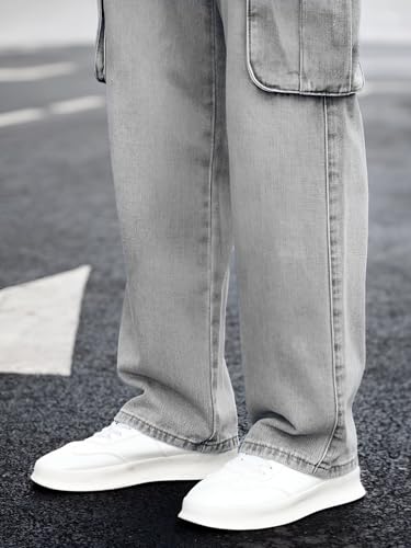 Image of Ben Martin Men's Denim Cotton Cargo Jeans || Stretchable Baggy Fit || High Waist Loose Cargos for Men with Box Pockets || Stylish Gen-Z Streetwear || Sizes 28-40 || Black, Khaki, Grey & More