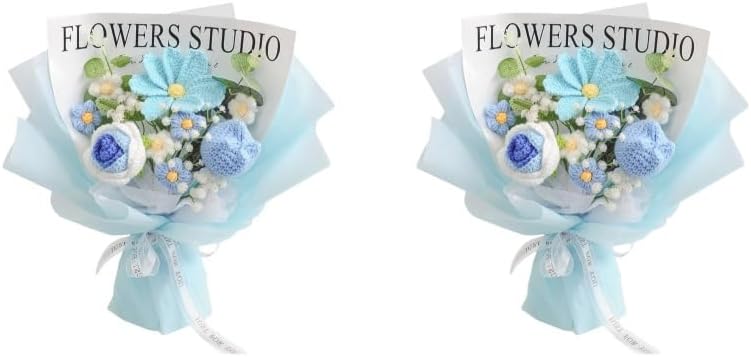 2のセットかぎ針編みの花束 パーティーや卒業祝い、記念日に使えるニットブーケ ブルー, 青, 35x35cm