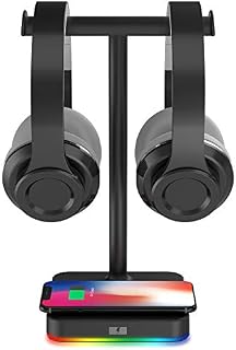 RGB Dual Headphone Stand with Wireless Charger KAFRI Desk Gaming Double Headset Holder Hanger Rack with 10W/7.5W QI Charging Pad - Suitable for Gamer Desktop Table Game Earphone