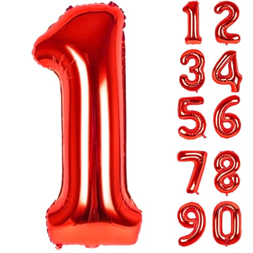 LAPONO Ballon Chiffre 1 Anniversaire Rouge Vif, Ballon Aluminium Géant 82 × 38 cm, Gonflable à l’Air ou Hélium, Valve Auto-scellante, Décoration...