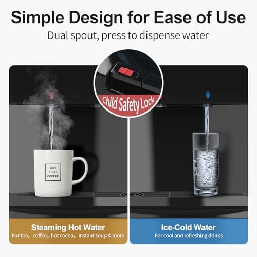 Tehanld Top Loading Water Cooler Dispenser Hot Cold & Cool Water Dispenser for 3 or 5 Gallon Bottles, Child Safety Lock, Simple Quite Design, Ideal for Home, Office, Living Room,Shiny Black - 1