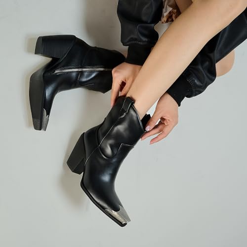 Arqa Women's Western Boots Etched Metal Toe Cowgirl Booties Stacked Block Heel Ankle Boots Side Zipper Vintage Cowboy Boot3