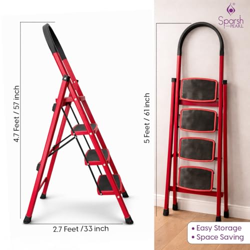 Image of Sparsh Pearl Steel Ladder for Home 4 Steps Foldable with Anti-Skid Wide Steps | 4 Step Ladder for Home Use with D-Shape Rods | Secure Lock | 150 Kg Capacity Folding Ladder | 5 Year Warranty (Red)