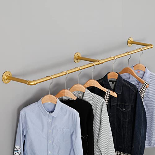 Wjjayy Industrial Pipe Clothing Rack Wall Mounted,Vintage Retail Garment Rack Display Rack Cloths Rack,Metal Commercial Clothes Racks For Hanging Clothes,Iron Clothing Rod Laundry Room (59In, Gold) #TOP2