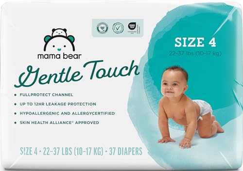 Image of Amazon Brand - Mama Bear Gentle Touch Diapers, Size 4, 37 Count, Hypoallergenic, Leak Protection, Wetness Indicator, Stretchy Waistband, Skin Safe