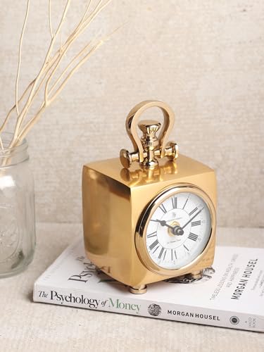 Image of Decor de Maison Brings Handcrafted Chrono Cube Table Clock for Living Room, Bedroom, Study Table, Office Desk | Classic Non-Ticking Tabletop Battery Operated Analog Desk Clock in Gold (9x9x18cm)