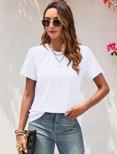 PLOKNRD Camiseta Mujer Manga Corta Cuello Redondo Blusas Mujer Verano Elegantes Suelto Básica Top Blanco M