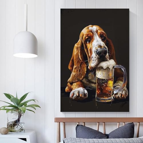 POLIUAWS Tableau abstrait Basset Hound Beer pour salon ou chambre à coucher, gris, 20 x 30 cm (8 x 12 pouces)