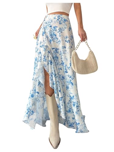 Floerns Women's Floral Maxi Skirts High Waisted Slit Tiered Ruffle Hem Long Skirts
