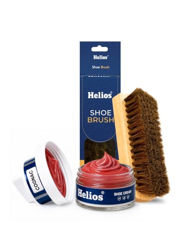 Image of Helios Leather Shoe Cream Polish 48 GM with Applicator & Natural Hair Brush | Shoe Polish for Boots, Bags, Belt & Jacket | Leather Conditioner & Shine Care Kit