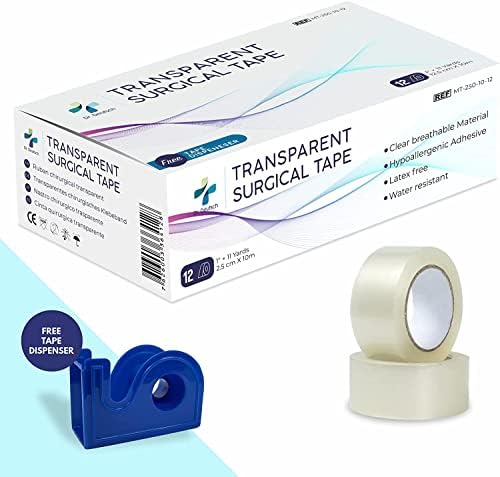 Dr.Deutsch Transparent Medical Tape 1.0" x 10 Yds(2.5cm x 9.1m) with Free Tape Dispenser (12 Rolls) - First Aid Adhesive Clear Surgical Bandage Tape for Wound Dressing Care for Sensitive Skin