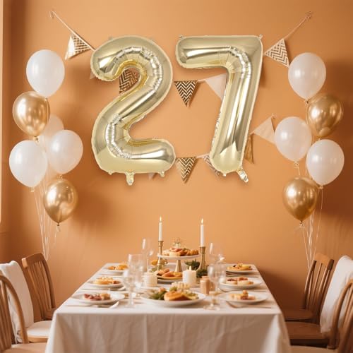 Image of Champagne Gold Large Number 27 Balloon, 40 Inch Light Gold Foil Helium Number Balloons, Giant Mylar Number 27 Balloons for 27 Years Old Birthday Party Anniversary Decorations (Champagne Gold 27)