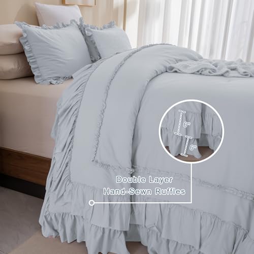 Image of QSH Light Blue Ruffle Oversized King Comforter 128x120,3PCs Farmhouse Shabby Vintage Chic Ruffled Bed Comforter Set French Country Rustic California King Bedding Comforter Set Soft and Lightweight