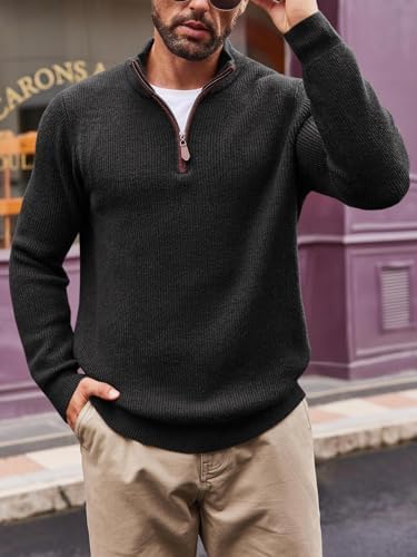 Runcati Mens Quarter-Zip Pullover Sweater Casual Mock Neck Winter Warm Ribbed Polo Sweaters, Black, XL