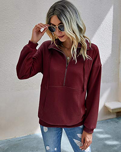 Prettygarden Women’s Casual Long Sleeve Lapel Zipper Sweatshirt Drawstring Loose Pullover Tops Wine Red #TOP2
