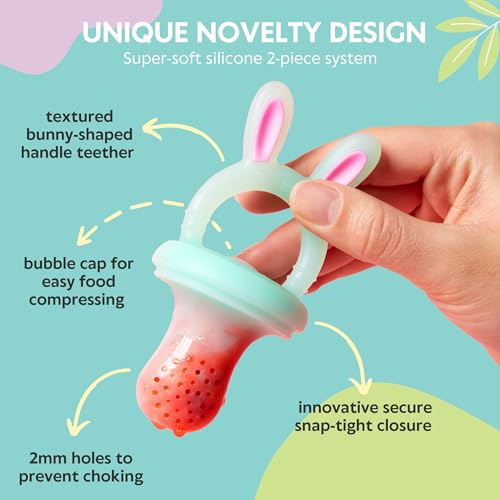 Image of Vesta Baby Fruit Feeder - 2 Sizes Soft Silicone Freezable Fresh Food Nibbler for Safe Infant Self Feeding - Solid Foods Weaning Pacifier & Teether Set - Bunny Teething Relief Toy for Babies 4M+