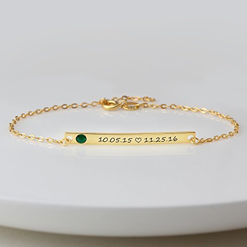 Lonago Personalized Name Plate Gold Bar Bracelet Inspirational Gift Handmade Customized Engraved Charm Initial Id Coordinates Sterling Silver Link Adjustable Bracelet (Gold-Plated-Brass) #TOP1