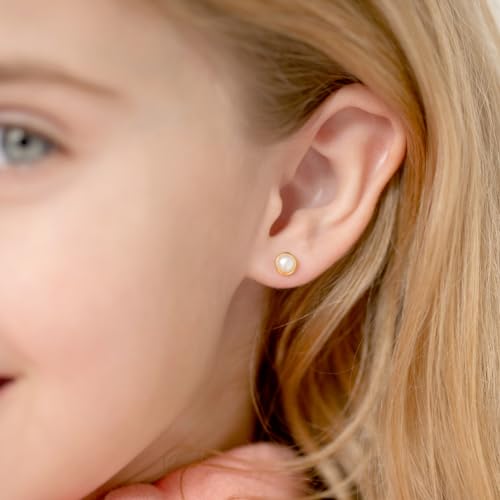 14k Yellow Gold Girl's White Cultured Pearl Bezel Set Screw Back Earring Studs - Cute Stud Earrings for Toddlers & Little Girls3