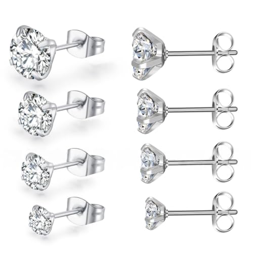 ZKGYUS 4 paires de boucle doreille femme, boucles d'oreilles femme argent, boucle d'oreille acier inoxydable, Boucles d'oreilles médicales sans nickel, hypoallergéniques 3-6mm