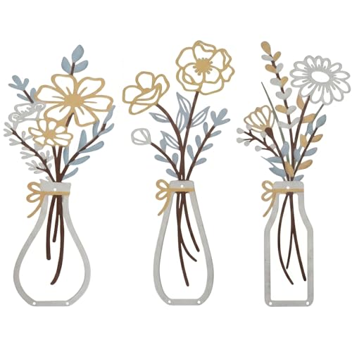 Eclove Lot de 3 Décoration Murale Métal Fleurs, Art Mural Minimaliste en Forme de Vase, Déco Murale Bohème Moderne pour Salon, Chambre, Cuisine et Salle de Bain, Sculptures Suspendues