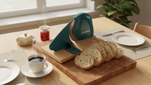 Image of Zassenhaus Original Classic Adjustable Bread Slicer for Uniform Slices - Bread Slicer for Homemade Bread - 18 /8 Stainless Steel Blade Sourdough Cutter-Water Blue 11.75 inch x 8 inch