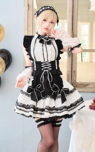 [Malymoon] コスプレ 沖縄コレクション 月海つくね コラボ メイド ウエイトレス 黒 白 セットアップ リボン 衣装 仮装 マリームーン 10点セット CS25028 詳細画像2