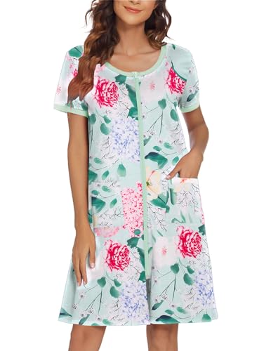 Image of Ekouaer Women Zipper Front House Coat Short Sleeves Robe Zip Up Bathrobes Short Nightgown with Pockets S-3XL