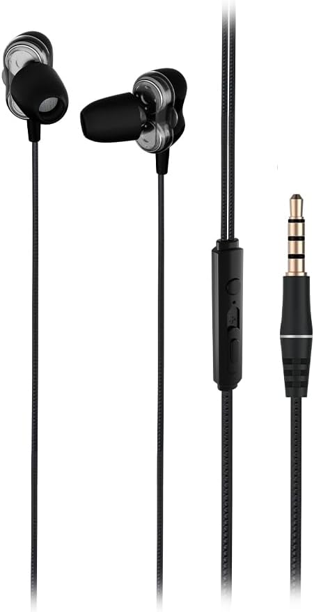 Lecoo EH102 Wired 3.5mm Jack In-Ear Headset with Microphone - Dual Driver, Rugged Cable Structure, For Sports, Business, Gaming, Universal Fit, Built-in HD Clear Audio, Dual Driver Microphone Black