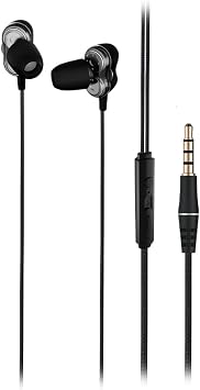 Lecoo EH102 Wired 3.5mm Jack In-Ear Headset with Microphone - Dual Driver, Rugged Cable Structure, For Sports, Business, Gaming, Universal Fit, Built-in HD Clear Audio, Dual Driver Microphone Black