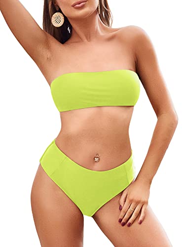 Image of ZAFUL Women's High Cut Bandeau Bikini Set Strapless Solid Color 2 Pieces Bathing Suit Swimsuit