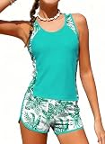 blibean Teen Girls Tankini Swimsuit Big Kids Cute Two Piece Bathing Suit Floral Summer Beach Traje de Baño para Niñas with Shorts Size 14 15 16 Turquoise