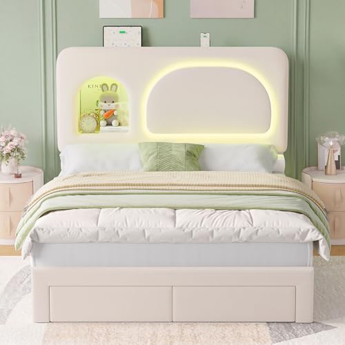 Image of Keyluv Full Size LED Bed Frame with Storage Bookcase Headboard, Charging Station, Velvet Upholstered Platform Bed with 2 Drawers & USB Ports, Sturdy Metal Support, No Box Spring Required, Beige