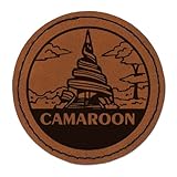 Camaroon Reunification Monument Destination Travel Landmark Round Iron-On Engraved Faux Leather Patch Applique - 2.5 Inch - Brown