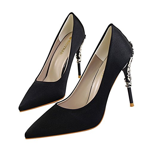 MAKEGSI,Fashion Sexy Women Pointy Toe Stiletto High Heels Pumps Flower Carved Metal Heels Party/Wedding Brial Shoes (8, Black)