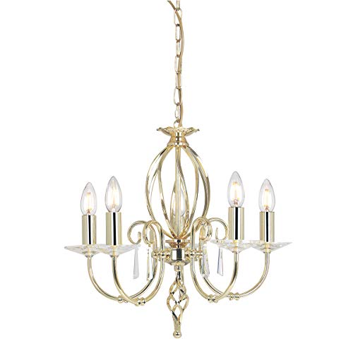 Image of 5 Bulb Chandelier Hanging Pendant Light - Cut Glass Droplets - 1 Bulb Enclosed in Central Curved Stem - Highly Polished Brass Finish - LED E14 60W Bulb